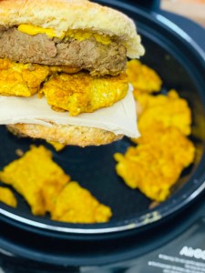 Fried Vegan Egg & Sausage biscuit with cheese (AirGO)