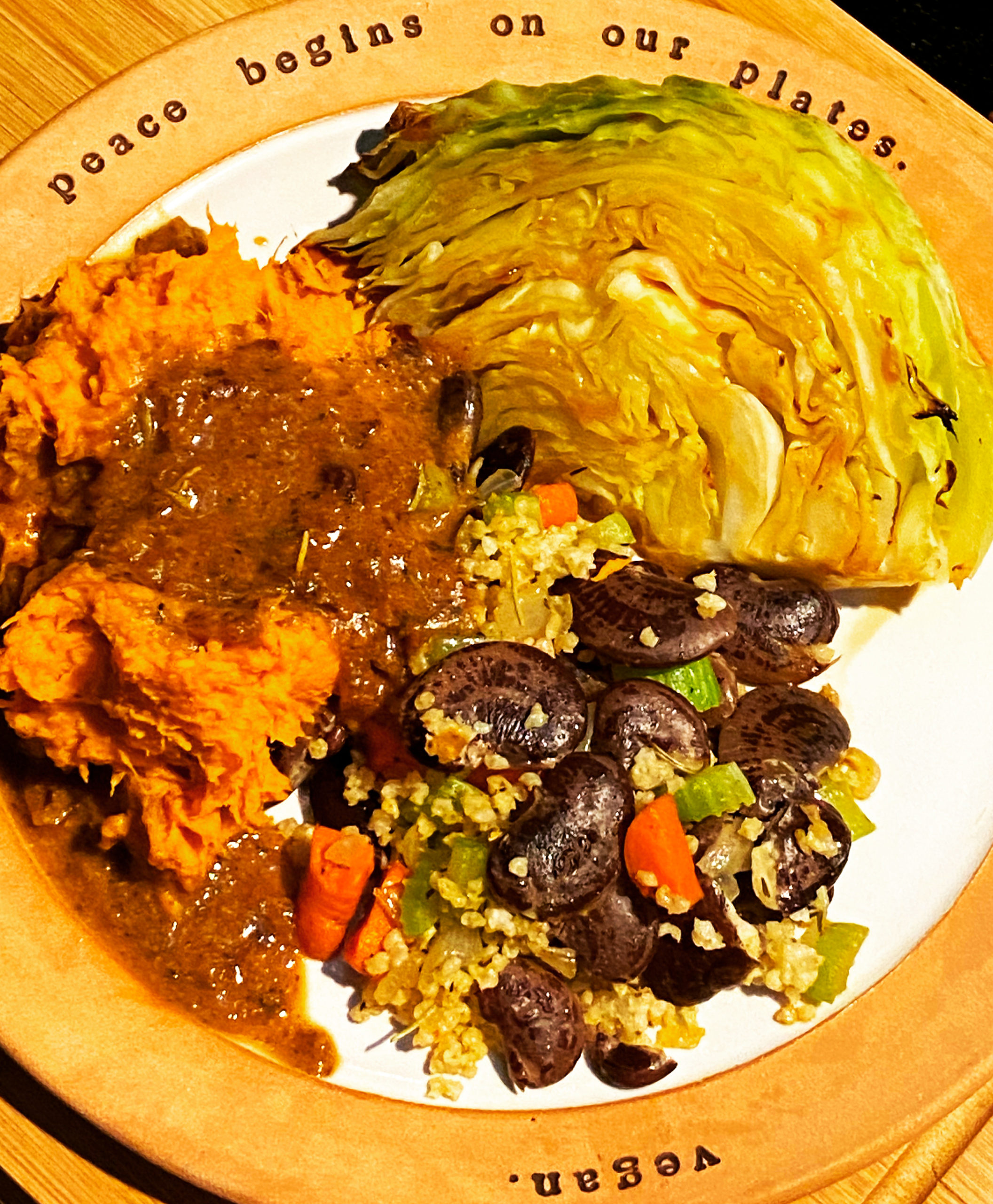 Mashed Sweet Potatoes & Brown Gravy, Roasted Cabbage, Millet & Christmas Lima Beans